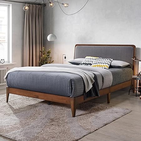 DG Casa Raven Solid Wood Queen Size Bed Frame - Mid Century Modern Style, Platform with Tufted Upholstered Adjustable Height Headboard, No Box Spring Required, Walnut Finish, Grey Fabric