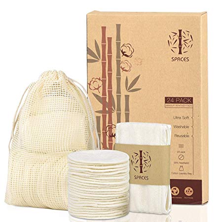 Reusable Makeup Remover Pads,24 Packs Organic Bamboo Cotton Rounds with Spa Headband & Cotton Laundry Bag, Eco-friendly Natural Premium Upgrade Set