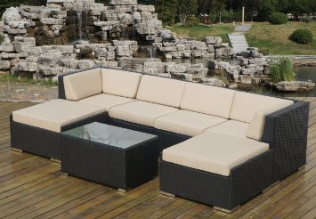 Ohana Collection pn0704SB Sunbrella Outdoor Patio Wicker Furniture 7-Piece Couch Set with Free Patio Cover Beige