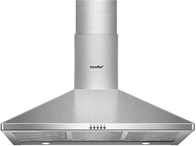 Comfee CVP36W6AST 36 Inch Ducted Pyramid Range 450 CFM Stainless Steel Wall Mount Vent Hood with 3 Speed Exhaust Fan, 5-Layer Aluminum Permanent Filters, Two LED Lights, Convertible to Ductless