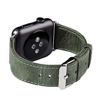 Apple Watch Strap, FUTLEX - 42mm Genuine Leather Wrist Band Bracelet Replacement Straps w/ Classic Stainless Steel Buckle (Adapters Included) for Apple Watch Series 1 & 2 - Green Colour