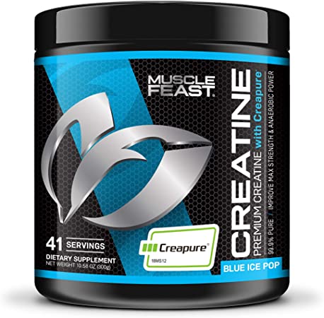 MUSCLE FEAST Creapure Creatine Monohydrate Powder, Premium Pre-Workout or Post-Workout, Easy to Mix, Gluten-Free, Safe and Pure, Kosher Certified (300g, Blue Ice Pop)