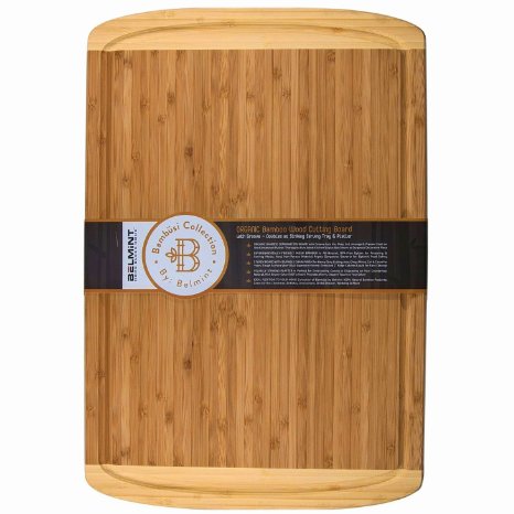 Bambüsi by Belmint ORGANIC Bamboo Wood Cutting Board with Groove - Doubles as Striking Serving Tray & Platter