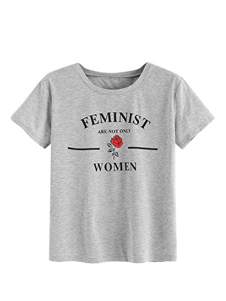 Romwe Women's Girl Print Short Sleeve Top Basic Tee Shirt