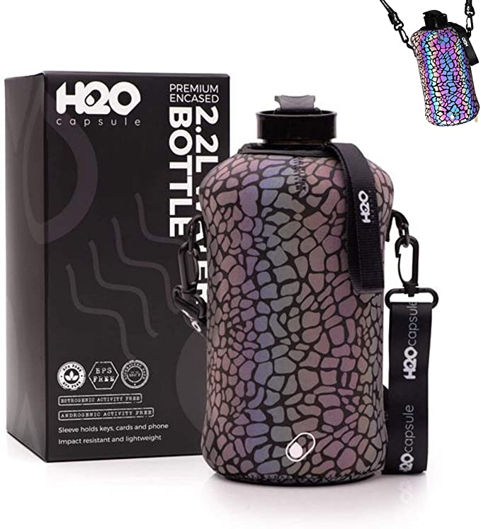 H2O Capsule 2.2L Half Gallon Water Bottle with Reflective Storage Sleeve – Tritan BPA Free Large Water Bottle/2.2 Liter (74 Ounce) Big Sports Bottle Jug with Handle (Cheetah reflex)