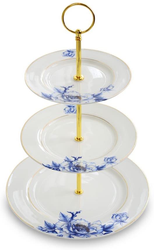 Porlien 3-Tier Cake Stand/Dessert Stand, Blue Floral Gold Trimmed, Elegance Collection, Porcelain Cupcake Stand
