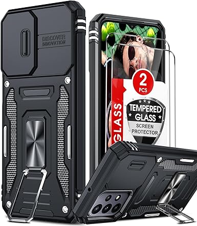 LeYi for Galaxy A23-5G Case: Samsung A23 Case with 2 Pack Screen Protectors, Heavy Duty Shockproof Case with Slide Camera Cover & Upgrade Magnetic Rotatable Ring Kickstand Samsung Galaxy A23, Black