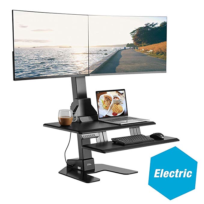AVLT-Power Dual 32" Monitor Electric Standing Desk with Huge Keyboard Tray Extra Large 28"x 24" Spacious Worksurface Motorized Automatic Height Adjustable Sit to Stand Table Sturdy Small Footprint