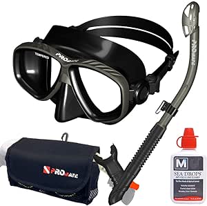 Promate Snorkeling Mask Snorkel Set Pouch Gear Bag Anti-Fog Lens Cleaner, bk/ti