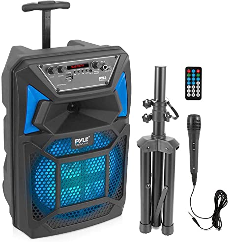 Portable Bluetooth PA Speaker System - 400W Outdoor Bluetooth Speaker Portable PA System w/Microphone in, Party Lights, MP3/USB SD Card Reader, FM Radio, Rolling Wheels - Mic, Remote - Pyle PPHP82SM