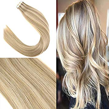 Youngsee 14" Remy Straight Two Tone Tape in Hair Extensions Human Hair Dark Ash Blonde Highlighted with Golden Blonde Piano Color Human Hair Extensions Tape in Real Hair 50g 20pcs