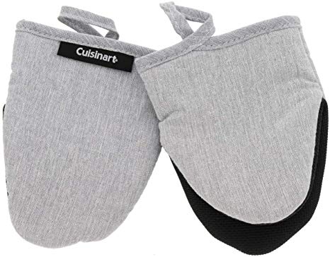 Cuisinart Chambray Neoprene Mini Oven Mitts, 2pk – Heat Resistant Kitchen Gloves to Protect Hands & Surfaces w/ Non-Slip Grip & Hanging Loop –Ideal for Handling Cookware/Bakeware – Light Grey