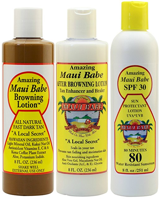 Maui Babe Variety Beach Pack (Browning Lotion 8 oz, After Browning Lotion 8 oz, and SPF 30 Sunblock 8 oz)