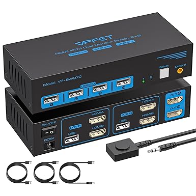 HDMI 4K30Hz KVM Switch 2 Monitors 2 Computers USB2.0 KVM Switch Dual Monitor for 2 Computers Share 2 Monitors and 4 USB Devices Support Extended/Copy Mode with 2 USB Cables&Desktop Controller