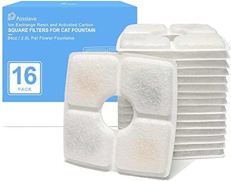 Possiave Pet Fountain Filters, 16 Pack Cat Water Fountain Filters, Suitable for 84oz/2.5L Pet Automatic Flower Water Dispenser, Resin and Active Carbon