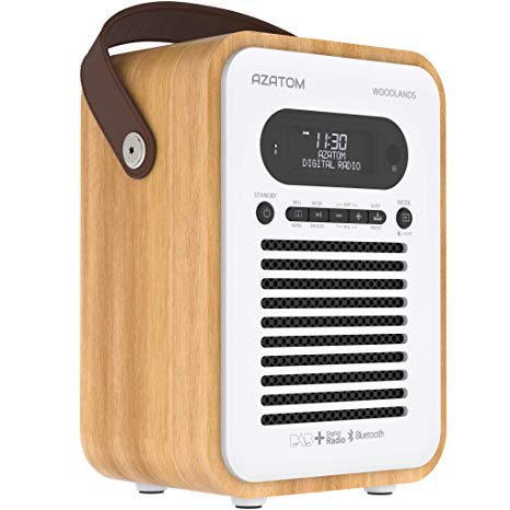 AZATOM Woodlands DAB/DAB  Digital FM Bluetooth Portable Radio/Alarm Clock/Real Wood Effect Finish/Mains Powered/Rechargeable Battery/Subwoofer/Premium Stereo Sound (Light Oak)