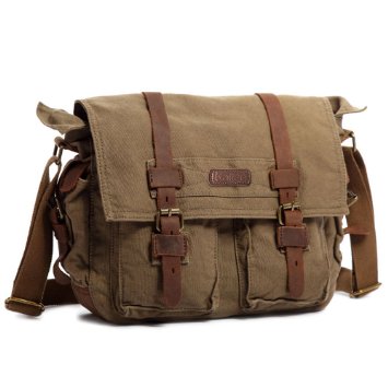 Kattee Retro Unisex Canvas Leather Messenger Shoulder Bag Fits 147 Laptop