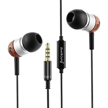 ZealSound HDE-100 In-ear Noise-isolating Wood Headphones with Mic, Fiber Cable -Black