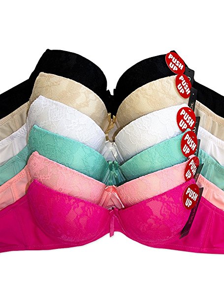 MaMia Women's 6 Push Up Bras Lot Solid Colors Lace