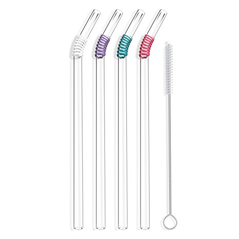 Hummingbird Glass Straws Sipping Springs Premium Clear Handmade in USA Reusable Straws Bent 4-Pack With Cleaning Brush (9 IN, Lavender Teal Pink & White)