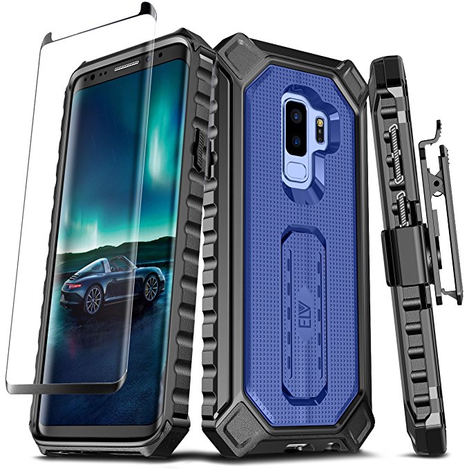 Samsung Galaxy S9 PLUS Case, ELV [Croco Series] Premium Holster Defender Belt Clip Rugged Case - Curved Glass Screen Protector & Kickstand for Samsung Galaxy S9 Plus (DARK BLUE/BLACK)
