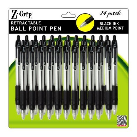 Zebra Z-Grip Retractable Ballpoint Pen, 24 Pack, 1.0 mm, Black (12221)