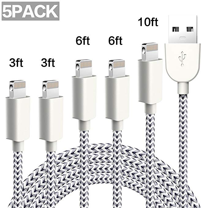 TNSO iphone Charger 5 Pack [3/3/6/6/10 FT] Lighting Cable Extra Long Nylon Braided USB Charging & Syncing Cord Charger for iPhone X/8/8Plus/7/7Plus/6S/6S Plus/SE/iPad/Nan and more(silver grey)