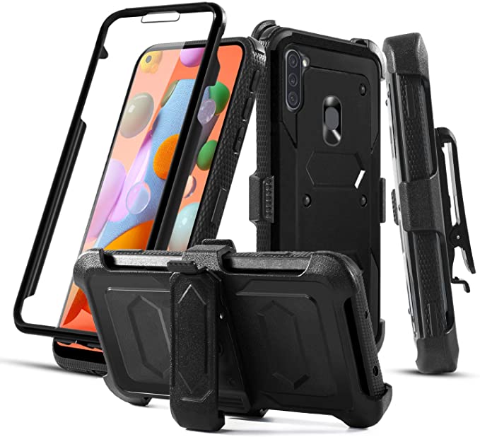 RioGree Phone Case for Samsung Galaxy A11 with Belt Clip Screen Protector Kickstand Heavy Duty Durable for Women Men Girls Boys - Black