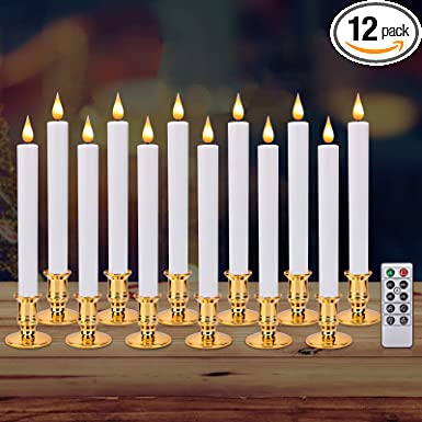 Battery Operated Flameless Taper Candles with Remote Timer LED Flickering Window Candle Lights with Removable Gold Candle Holders Best Gift for Xmas Wedding Home Dinner Decor Set of 12