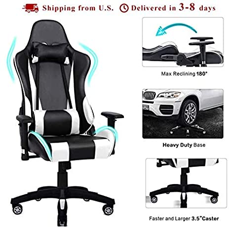 Gaming Chair Adjustable Swivel Office Chair High Back Computer Chair PU Leather Desk Chair Ergonomic Reclining E-Sports Chair with Headrest and Lumbar Support (White)