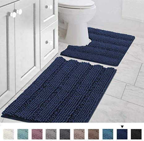 Bath Mats Non Slip for Bathroom Rugs Soft, Absorbent, Shaggy Microfiber,Machine-Washable Dry Fast Bedroom Area Rugs Perfect for Door Mat (32"x 20" and 20" x 20" U Shape, Navy)