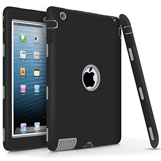 iPad 2 Case,iPad 3 Case,iPad 4 Case, DUEDUE Shock-Absorption Heavy Duty Rugged Rubber Cover Three Layer Armor Defender Full Body Protective Cases for Apple iPad 2/iPad 3/iPad 4, Black/Gray