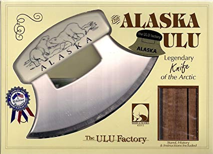 7" Inupiat Style Cultured Ivory Handled Ulu with Walnut Stand (Etched Polar Bears)