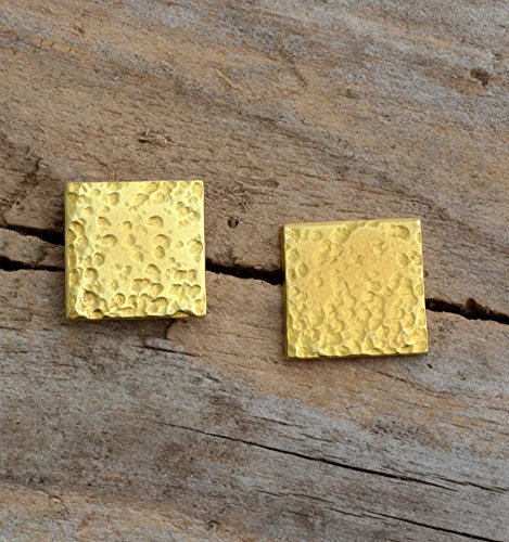 Gold colored brass hammered sterling silver post stud earrings square geometric minimalist jewelry for women
