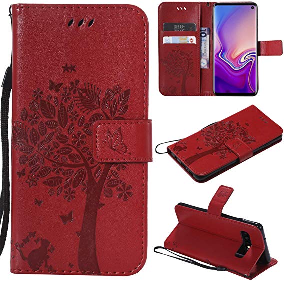 Galaxy S10 Case,Samsung S10 Case,Wallet Case,PU Leather Case Floral Tree Cat Embossed Purse with Kickstand Flip Cover Card Holders Hand Strap for Samsung Galaxy S10 Red
