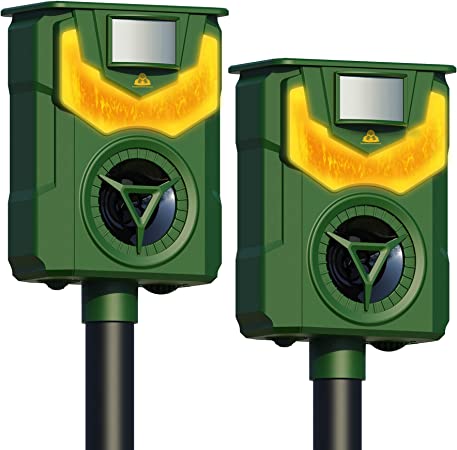 Careland Upgraded Solar Animal Repeller Ultrasonic Deer Repellent Devices with Motion Sensor and Flame Light Cat Repellent Outdoor Waterproof Dog Raccoon Skunk Deterrent (Green 2Pack)