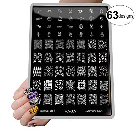 VAGA Nail Art Stamping Kit Jumbo Manicure Image Plate 6 Happy Holidays/This Nail Stamping Plate has 63 Patterns to Match all your Nail Polish and Stamping Polish Colors A Must Have Metal Stamping Kit