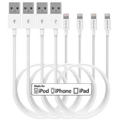 ISELECTOR Pack of 4 Lightning Cable Apple MFI Certified 33ft USB Sync Charge Data Cable Cord Charger for iPhone 6s 6 Plus 5 5s iPad Air 2 Mini 4 Pro White
