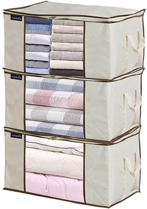 MISSLO Large Capacity Comforter Storage Bag Organizer Durable Fabric Closet Organization with Reinforced Handle and Transparent Window for Clothes, Blanket, Bedding, 3 Pack