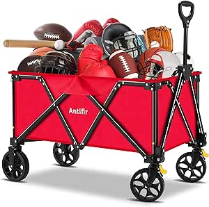 Large Collapsible Wagons Carts Foldable, Heavy Duty Folding Wagon Cart with All Terrain Brake Wheels, Portable Utility Cart for Shopping Groceries Sports Camping Outdoor, Chili Red