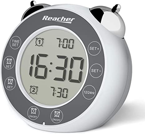 Reacher Loud Alarm Clock Battery Powered, Simple Operated Dual Alarms with Snooze, Backlight, Twin Bell Digital Bedside Alarm Clocks for Bedroom (White)