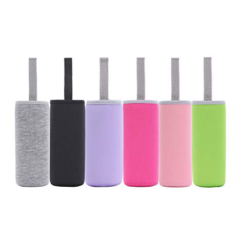 Neoprene Glass Water Bottle Sleeves Holders With Carry Straps - 6 Pack Multi-Color - 16-18oz Bottle Size - Quality Rubber Insulation for Colder Or Hotter Drinks Longer. Bump and Knock Protection