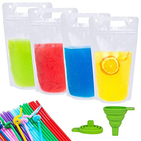 50 Pcs Hand-held Drink Pouches, Reusable no Leak Juice Bags Smoothie Plastic Drink Bags, 17oz Reclosable Zipper Juice Pouches for Cold & Hot Drinks with 50 Straws & Silicone Funnel
