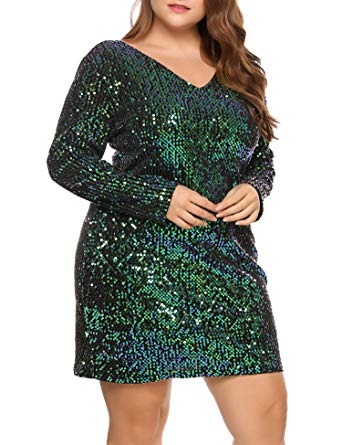 IN'VOLAND Womens Sequin Dress Plus Size V Neck Party Cocktail Sparkle Glitter Evening Stretchy Mini Bodycon Dresses