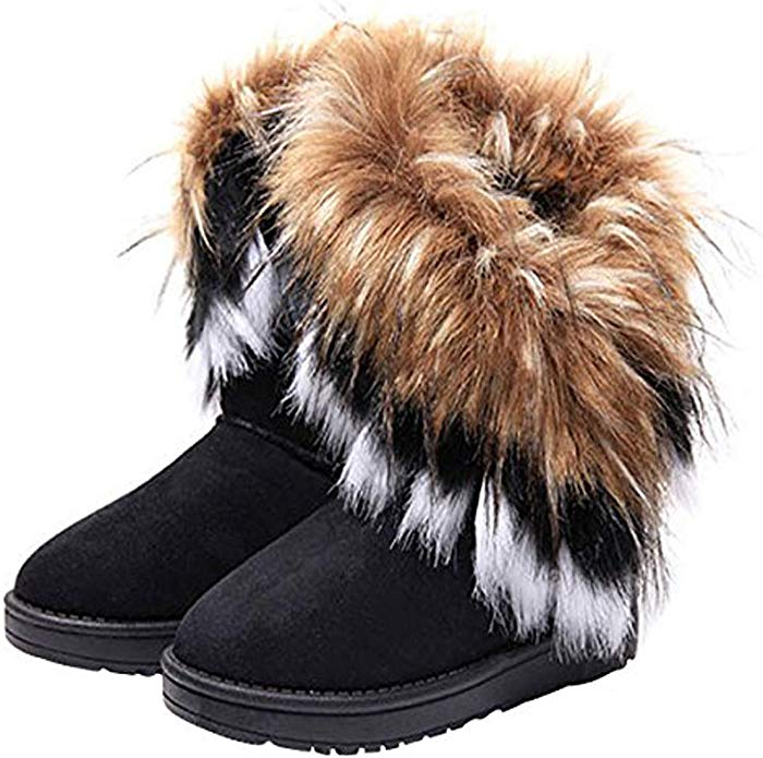 VFDB Women Mid Calf Boot Suede Faux Fur Tassel Outdoor Winter Snow Suede Flat Shoes