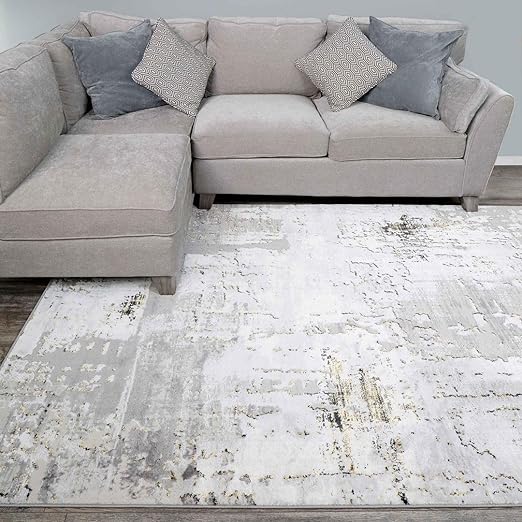 Designer Abstract Silver Grey Painterly Living Room Rug Gold Metallic Dense Super Soft Light Grey Lounge Bedroom Area Rugs 1240cm x 330cm