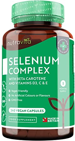 Selenium Complex with Beta Carotene, Vitamins D3, C & E – for Maintenance of Normal Hair, Nails, Immune System & Thyroid Function – 240 Vegan Capsules – 8 Month Supply – Made in The UK by Nutravita