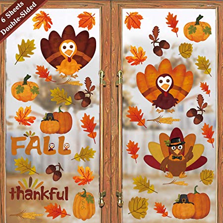 Ivenf Thanksgiving Decorations Window Clings Decor, Extra Large Autumn Fall Leaves Turkey Pumpkin Decal, Kids School Home Office Party Supplies Gifts, 6 Sheet 80 pcs