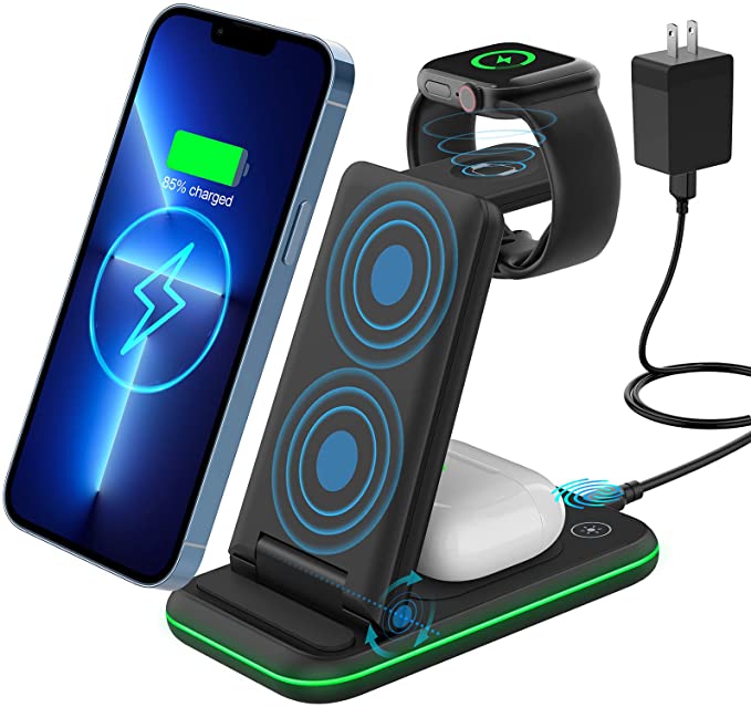 Wireless Charging Station, KIMILAR Foldable 3 in 1 Wireless Charger Stand for Apple iPhone 13 Pro Max/13 Pro/13/12 Pro Max/12 Pro/12/11 Pro Max/11 Pro/11/XR/XS/X, iWatch 7 6 SE 5 4 3, Airpods 3/2/Pro