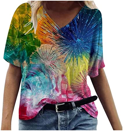 KEYEE Women T Shirts Colorful Print Cute Graphic Tees Summer Funny Casual Short Sleeve Tops T-Shirt Tunics